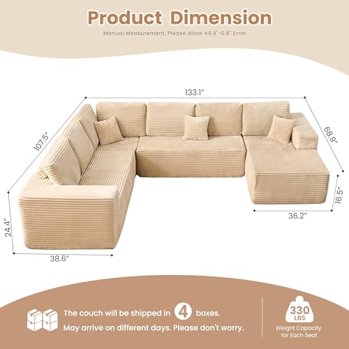 Image of HOOOWOOO Cloud Sectional Couches for Living Room,Modular Sectional Sofa No Assembly,133X108 Inch Plush Corduroy Large U Shaped Floor Couch Set with Deep Seat Right Chaise(Beige)