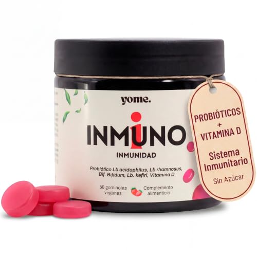 Gominolas de Probióticos para Sistema Inmunitario - 60 Gummies veganas sabor natural a fresa - Refuerza las Defensas - Bifidobacterium, Lactobacillus, Vitamina D YOME
