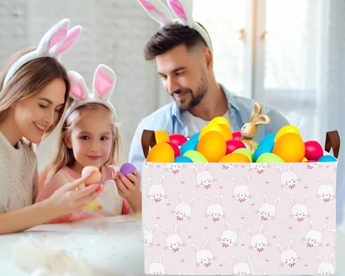 Image of Large Rectangular Easter Baskets Empty Waterproof Boy Toy Box Foldable Kid's Gifts Storage Bin Spring Room Decor(Pink Love Rabbit Head)