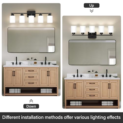 Image of FonmYim Black Bathroom Light Fixtures, 5-Light Modern Vanity Light Over Mirror, Wall Sconces with Milky White Frosted Glass Shades, E26 Socket (Bulbs Not Included)