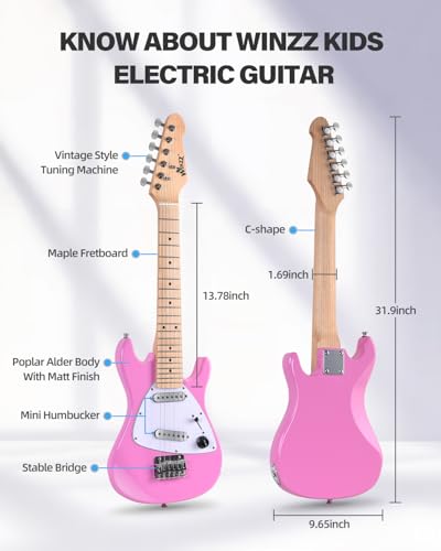 Image of Winzz 30 Inch Kids Electric Guitar Beginner Kit, Junior 1 /4 Size Mini Electric Guitar for Children Complete Stater Set with Amp, Gloosy Pink Colour