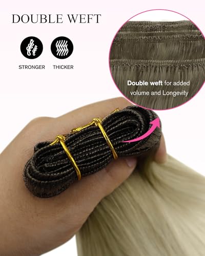 Image of YoungSee Weft Hair Extensions Human Hair 24 Inch Ash Blonde Balayage Platinum Blonde Sew in Hair Extensions, Boost Hair for Everyday Volume, Long Hair Extension Weft One Piece 100g