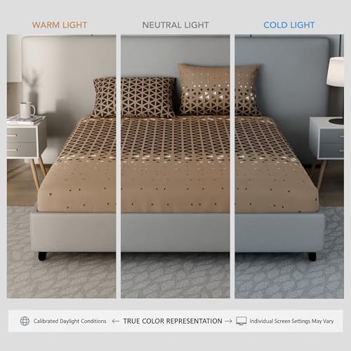 Image of BLISSHOME SoftTouch 150TC Cotton King Size Fitted Bedsheet with 2 Pillow Covers, Silky Smooth Bedding Set, Breathable, Easy Maintain, Geometric Pattern - Mocha Brown (183cm x 198cm + 25cm Drop)