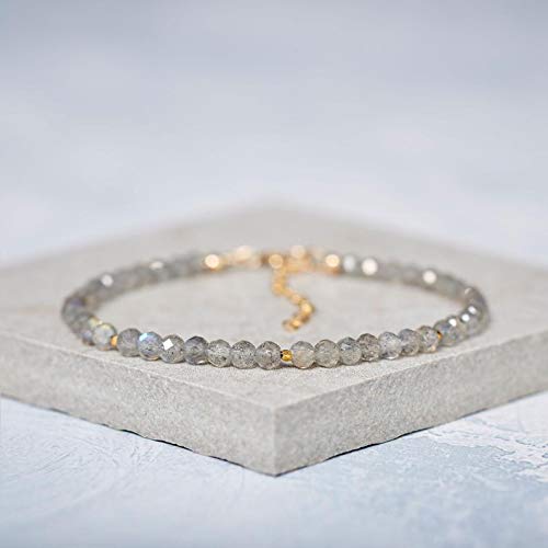 Precious-GEMS Jewelry Dainty Labradorite Bracelet, Tiny Grey Gemstone Bracelet, Slim, Stacking Layering Bracelet, Gold Fill or Sterling Silver