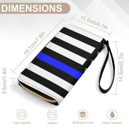 Smooth zipper Leather Wallet for Women Men Water-resistant and Secure and Durable American Thin Blue Line Flag Police Pattern Black Wallets Gift for Birthday2