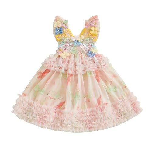 Toddler Baby Girls Dress Butterfly Print Fly Sleeve Frills Casual Dress Kids Fashion Summer Dress