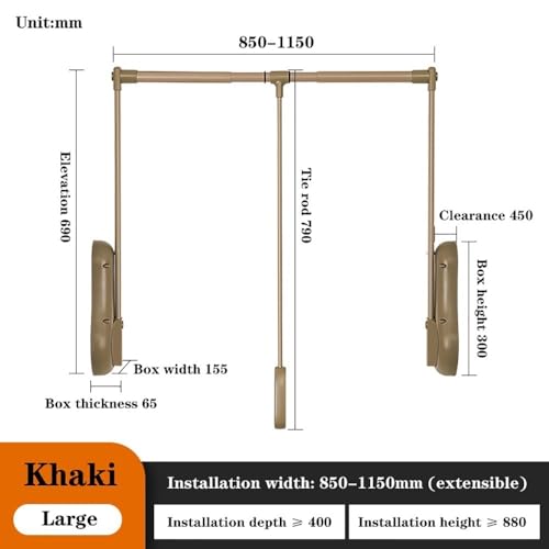 Pull Down Closet Rod Wardrobe Lift Wide Adjustable, Organizer Storage System Double Buffer Return Aluminium Alloy Tubing With Plastic Housing(Khaki,Large)