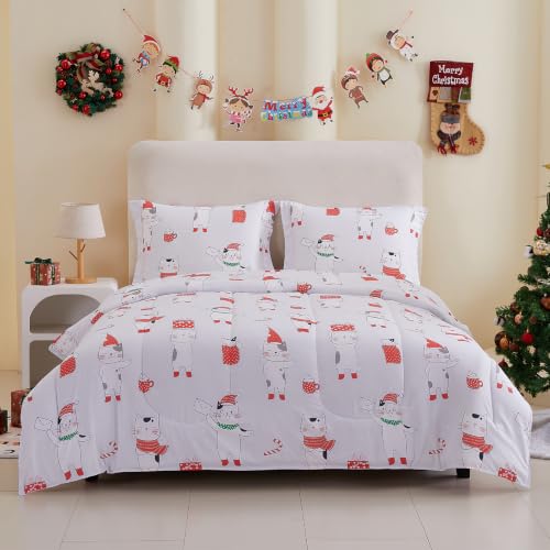 Image of Yibeizi Kids Christmas Bed Comforter Set Full Cute Cat Printed Xmas Bedding