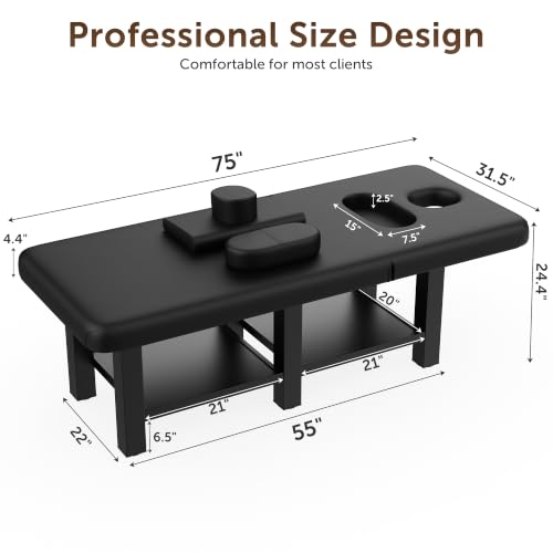 Image of Black Wide Stationary Massage Table with Backrest for Treatment Table Physical Therapy Table Spa Facial Bed, Metal Frame PU Leather 31.5'' Wide 75'' Long Heavy Duty Professional Stationary Massage Bed