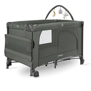 MoMi Kinder- und Baby-Reisebett-Set BELOVE PLUS 2-in-1, faltbar, 2 Schlafebenen für Babys bis 9 kg und Kinder bis 15 kg mit Kindermatratze, Spielbügel, Wickelauflage und Tragetasche