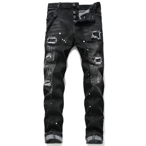 Vaqueros Pitillo para Hombre, Vaqueros clásicos Rectos Casuales con Agujeros Rotos y Salpicaduras de Pintura elástica, Vaqueros Negros Lavados Vintage,28