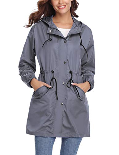 Aibrou Women Light Rain Jacket Waterproof Plus Size Outdoor Trench Raincoat with Hood Lightweight Gray Medium