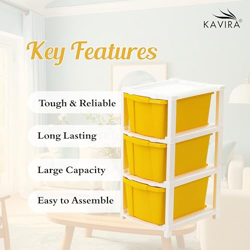 Image of KAVIRA Plastic Drawer Organizer Self Standard Rectangular Multi Purpose Modular Drawer System Large Chest of Drawer Organizer for Home Office (YELLOW, 3XL)