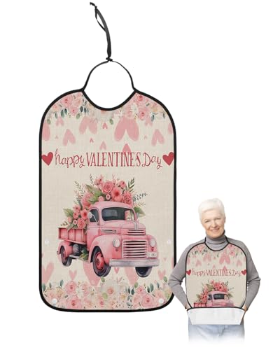 LEOKOTI Pink Truck Valentines Adult Bibs for Eating, Waterproof Bibs with Food Catcher & Adjustable Snap Closure, Rustic Floral Love Heart Washable Clothing Protectors Adult Bibs for Elderly Women/Men