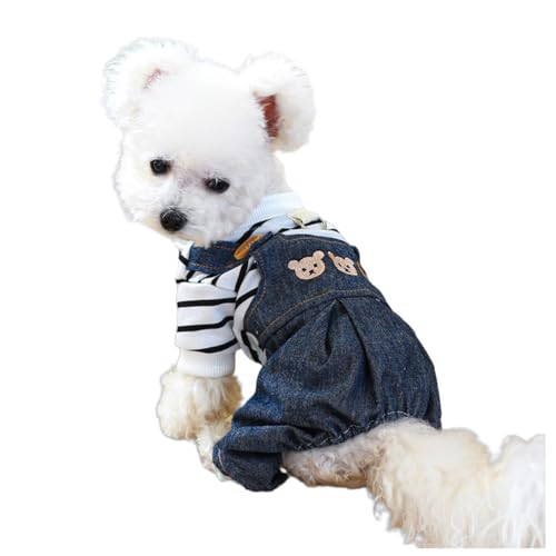UGYMSIA 小型中型犬服、オーバーオール、クマの頭のジーンズ、白黒ストライプ、ビションフリーゼ、テディ、シュナウザー、マルチーズ、猫、かわいい、シンプル、D型牽引リング胸ハーネス付き、快適、様々なスタイルから選択可能 (002,S バスト35 着丈25