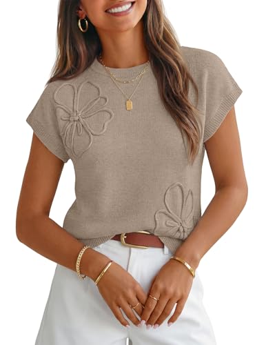 MEROKEETY Womens Summer Short Sleeve Sweater Vest Floral Knit Cute Pullover 2026 Trendy Fashion Fall Outfit Church Work Tops Oatmeal Medium