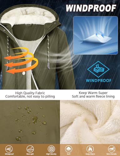 Vancavoo Wintermantel Damen Winterjacke Warm Gefüttert Wasserdicht Atmungsaktiv Regenmantel Übergangsjacke Winter Windbreaker Jacke Mantel Outdoorjacke mit Kapuze,Militärgrün,L