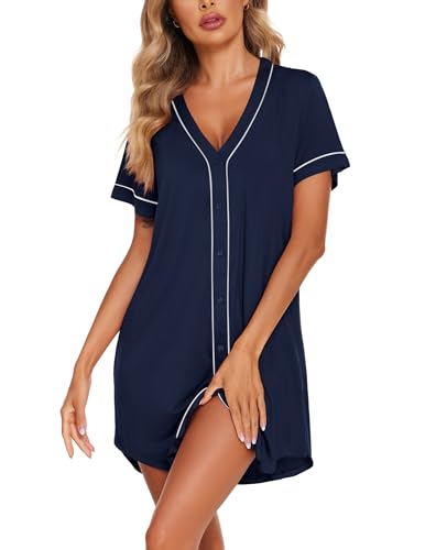 Image of Ekouaer Womens Nightgown Button Down Sleep Shirts Short Sleeve Nightshirt V-Neck Sleepdress Soft Sleepwer