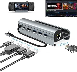 Docking Station for Steam Deck, 6-in-1 Aluminum Steam Deck Dock Pro Stand, HDMI 2.0 4K@60Hz, 1000M Ethernet, USB 3.0*3 Port & 60W Power Delivery for Valve Steam Deck (grey 6 in1)