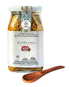LANGHA VALLEY Homemade Stuffed Green Chilli Pickle, Bharwa Mirch ka Achar, Made with Cold-Pressed Organic Mustard Oil, Sun Dried and Sun Matured, Preservative free (360 Grams - Pack of 1)