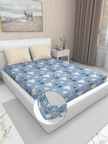 Image of Blue Strip 300 TC Cotton Feel Glace Cotton Elastic Fitted Printed King Size Double Bed Bedsheet with 2 Pillow Covers Fits Upto 9 inches,Size- 72x78x10 Inches