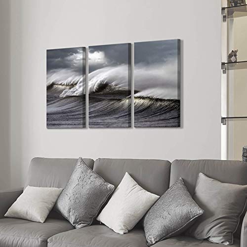 Hardy Gallery Seascape Artwork Wave Picture Painting: Ocean Storm Photographic Art Print On Canvas For Wall(26”X16”X3Pcs) #TOP2