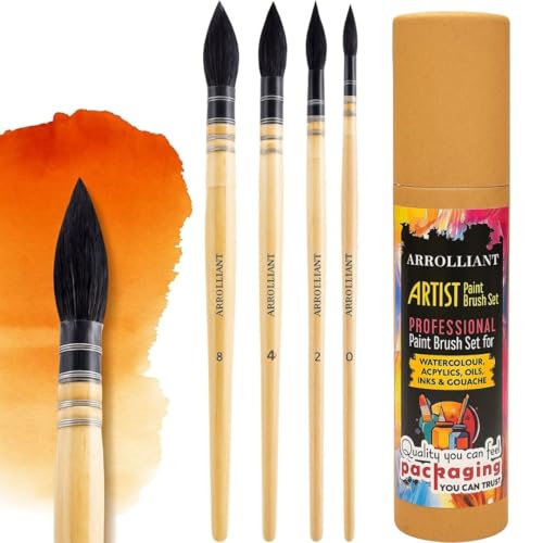 ARROLLIANT Art Synthetic Squirrel Hair Watercolor Paint Brush Set – Round Pointed Detail Brushes for Watercolor, Gouache, Fine Detailing – Professional Artist Paintbrushes – Set of 4