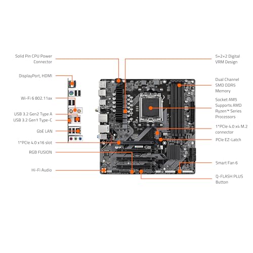 Image of GIGABYTE B650M C V3 (rev. 1.0) AMD AM5 mATX Motherboard, Support Ryzen 9000 /8000 /7000 Series, DDR5, 5+2+2 Power Stages, 1x M.2, PCIe 4.0, USB-C 3.2 Gen 1, WIFI6, GbE, EZ-Latch, Q-Flash, RGB Fusion