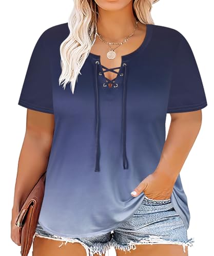 Image of CARCOS Womens Plus Size Tops Short Sleeve Shirts V Neck Tunic Floral /Tie Dye /Solid Summer Tees XL-5X