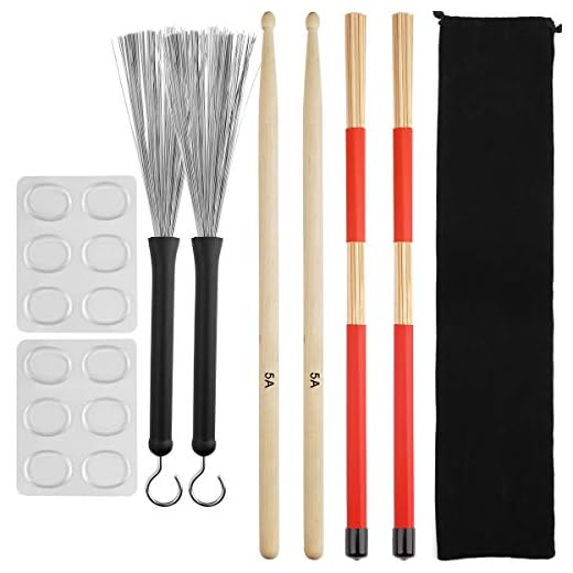 Eison Drum Sticks Set,5A Wood Drum Sticks,Drum Rods Brushes,Retractable Drum Wire Brushes,12PCS Drum Dampeners with Portable Bag,Drumsticks Gift Sets for Beginners Drummer Practice