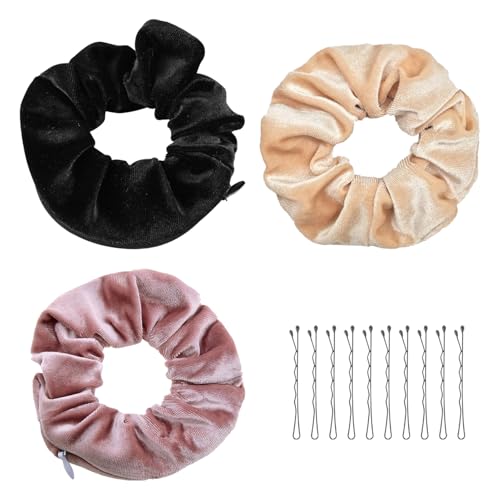 3 Pezzi Elastici e fermacoda in Velluto con Tasca Cerniera e 10 clip,Molticolori Elastico Capelli con Cerniera,Hair Scrunchies Fasce elastiche capelli, per Ragazze,Donne