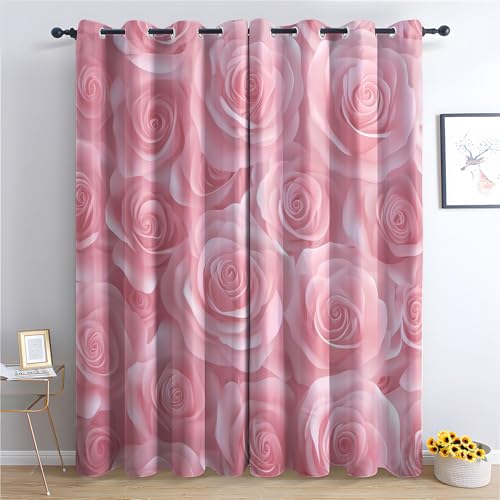 Luxfieo Pink Rose Blackout Curtains for Living Room Bedroom - 90 Inch Drop Curtains 54x90, Romantic Rose Floral Patterned Window Treatments, Thermal Eyelet Drapes 2 Panels