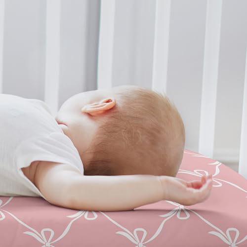 Image of Sweet Jojo Designs 2-Piece Baby Bassinet Sheets Set (White /Pink Bows) for Girls, Infant Newborn Nursery, Oval, Rectangle & Hourglass Mattress (Blush Bow, Coquette, Shabby Chic, Vintage Ballet, Dancer)