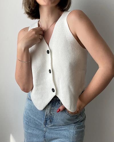 Image of Women's Sweater Vest Tops,Sleeveless V Neck Button Down Knit Vest