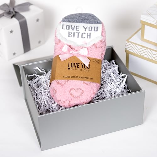 Pavilion Gift Company - Love You Bitch - One Size Fits Most Soft Sherpa Cozy Bold Funny Anti-Slip Slippers With Heart Patterned Socks Best Friend BFF Bestie Sentimental Gift4