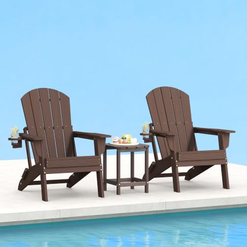 Image of Plawdlik Folding Adirondack Chair Set of 2, Cup Holder,Wooden Textured ,Heavy All-Weather HDPE Comfortable Set Poolside Backyard Lawn Coffee
