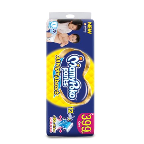 Image of MamyPoko Pants All Night Absorb Baby Diapers, Large (L), 28 Count 9-14 kg