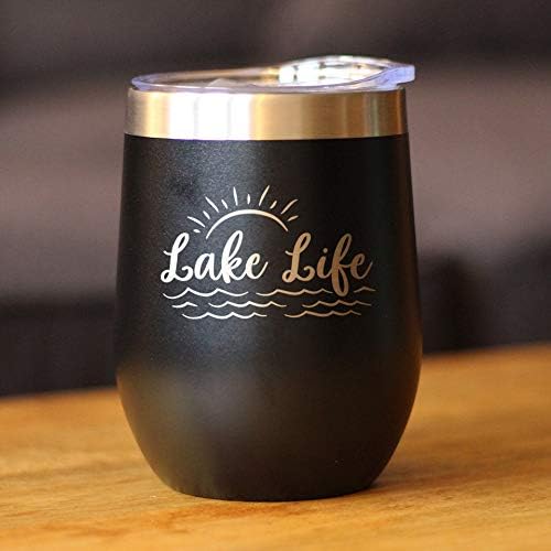 Lake Life - Wine Tumbler with Sliding Lid - Stemless Stainless Steel Insulated Cup - Cute Outdoor Camping Mug - Black - Image 2