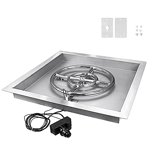 Uniflasy 18 Inch Square Drop-in Fire Pit Pan with 12 Round Burner Ring, 165k BTU Stainless Steel Fire Pit Pan with Ignitor Kit for Natural or Propane Gas Indoor or Outdoor Fire Table Fire Pit