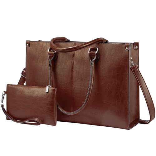 LOVEVOOK Laptop Tote Bag for Women, 15.6 Inch Large Capacity Vintage Leather Waterproof Work Computer Handbag with Clutch Purse, Ideal Gift for Women, Office & Daily Use, Chestnut Brown by LOVEVOOK - Used condition - US$39.58