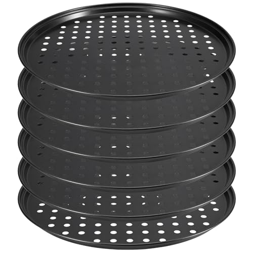 ZEONHEI Lot de 6 plaques à pizza antiadhésives de 30,5 cm, plaque de cuisson ronde avec trous pour faire des pizzas, 32 cm x 1,5 cm, noir
