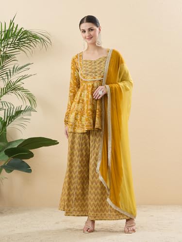 Image of MOKOSH Women's Cotton Printed Peplum Kurta Sharara Set with Dupatta