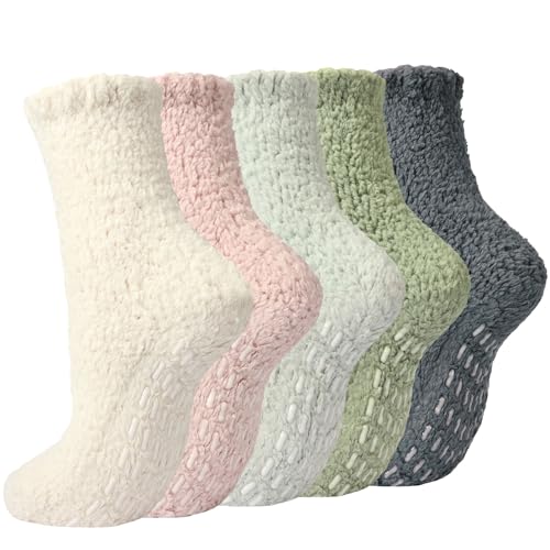 Image of Toes Home Fuzzy Slipper Socks for Women Thick Winter Fluffy Socks Womens Cozy Warm Plush Hospital Socks Non Slip 5 /6 Pairs