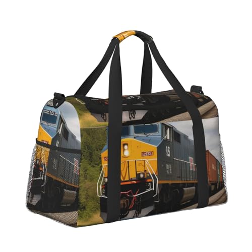 Freight Train Print Travel Duffle Bag - Foldable Personal Item Travel Bag for Women & Men,Carry-On Convertible Crossbody Tote Bags with Adjustable Shoulder Strap & Pockets 13x10.2x19.7 in3