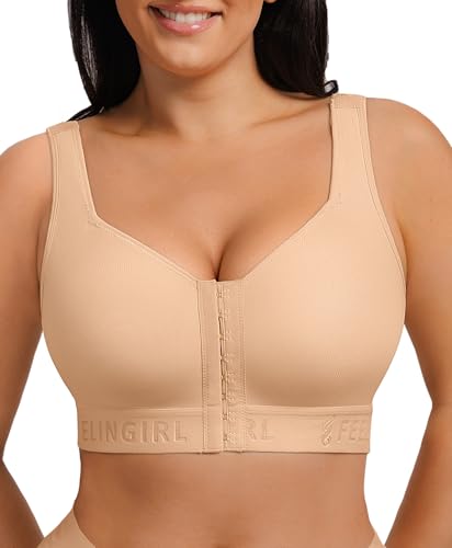 FeelinGirl Mastectomy Bras for Women Compression Post Op Surgery Bra Front Closure Wireless Surgical Recovery Bra Skin M