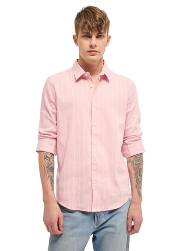 Image of THE BEAR HOUSE Men Spread Collar Vertical Striped Cotton Slim Fit Casual Shirt