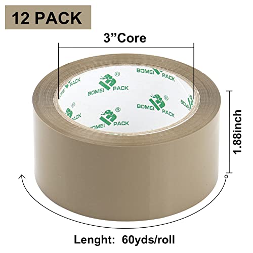 Bomei Pack Brown Packing Tape Refills, Heavy Duty 12Rolls With 1 Dispenser For Packaging, Shipping And Moving, 2.4Mil 1.88 Inch X 60 Yard #TOP1