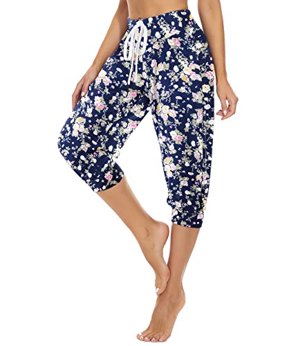 HAPYWER Haremshose Damen Kurz Baumwolle Yogahose High Waist Capri Sommerhose Jogginghose Pumphose Aladinhose Weit Bund für Pilates Yoga S-2XL, Flower03., XXL Cover