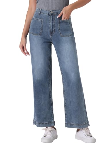 Allegra K Wide Leg Jeans for Women's High Waisted Stretchy Straight Leg Jeans Buttoned Loose Denim Pants