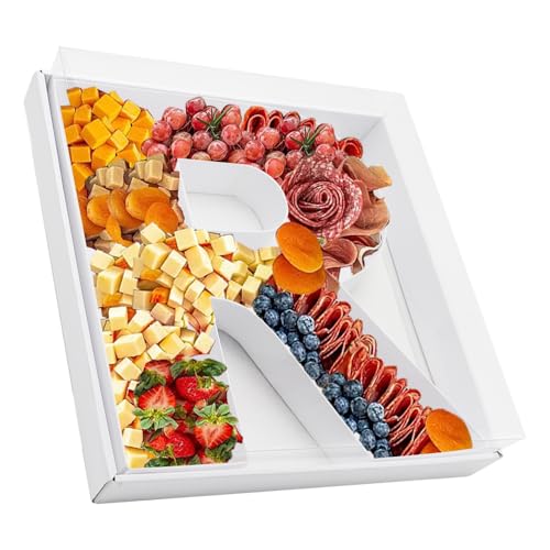 12.5inch Fillable Paper Mache Number Letter Cardboard Cutouts Charcuterie Board Food Sweet Cupcake Tray Party Decorative Box (Letter R, White)
